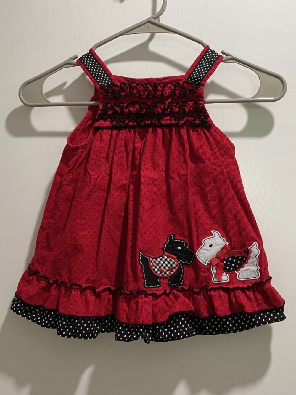 Girls Vintage Rare Too! Red Corduroy polka Dot Scottie Cotton Jumper Dress 18m